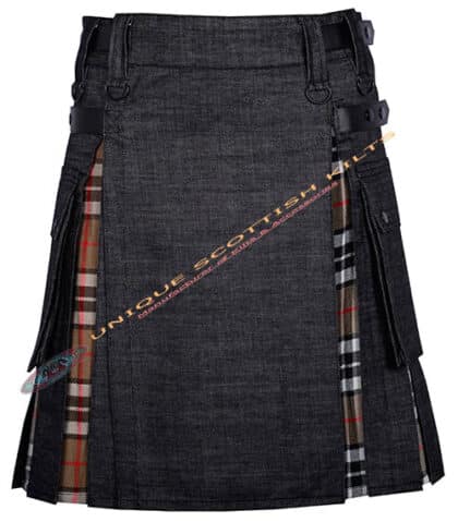 Black Denim With Campbell Thomson Tartan Hybrid Utility Kilt