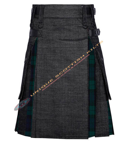Black Denim With Black Watch Tartan Hybrid Utility Kilt