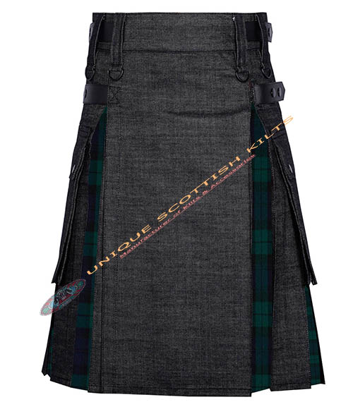 4 Black Denim With Black Watch Tartan Hybrid Utility Kilt