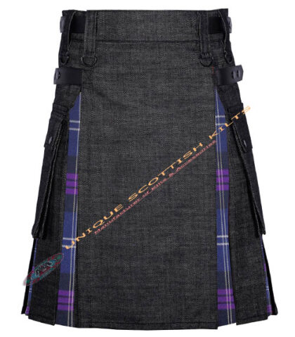 Black Denim With Heritage of Scotland Tartan Hybrid Utility Kilt