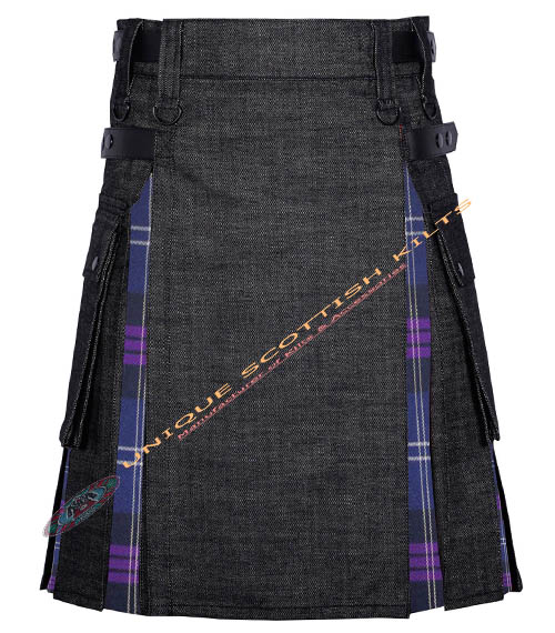 5 Black Denim With Heritage of Scotland Tartan Hybrid Utility Kilt