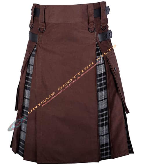 5 Brown Cotton With Grey Watch Tartan Hybrid Utility Kilt