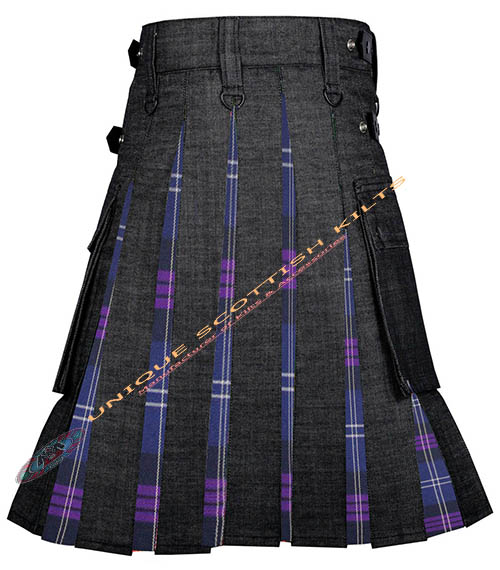 6 Black Denim With Heritage of Scotland Tartan Hybrid Utility Kilt - Image 2