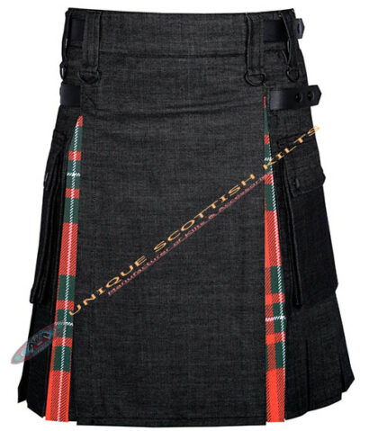 Black Denim With MacGregor Tartan Hybrid Utility Kilt