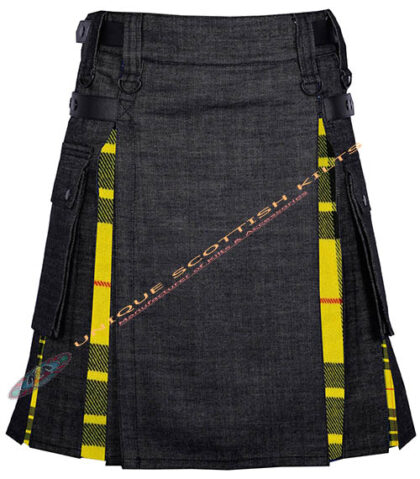 Black Denim With Macleod of Lewis Tartan Hybrid Utility Kilt