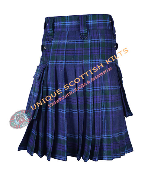 spirit of scotland tartan utility kilt with adjustable leather straps
