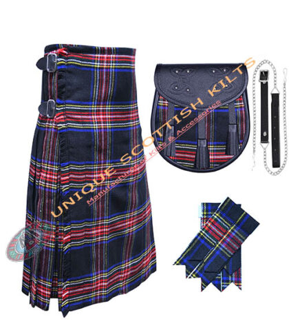 black stewart tartan 8 yard kilt 3 pcs deal