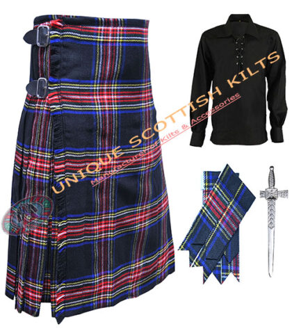 black stewart tartan 8 yard kilt 4 pcs deal