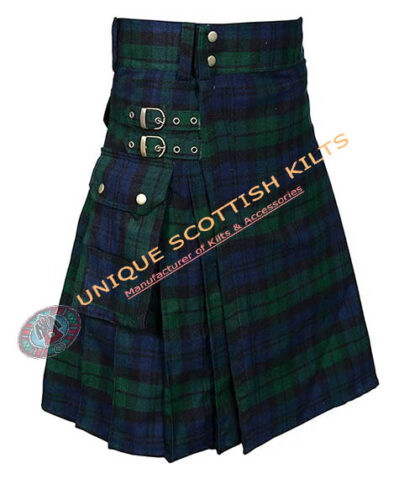 black watch tartan utility kilt with adjustable leather straps