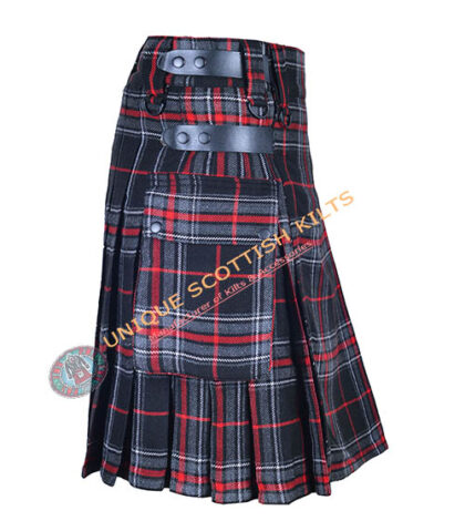 spirit of bruce tartan utility kilt with adjustable leather straps