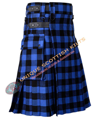blue buffalo tartan utility kilt with adjustable leather straps