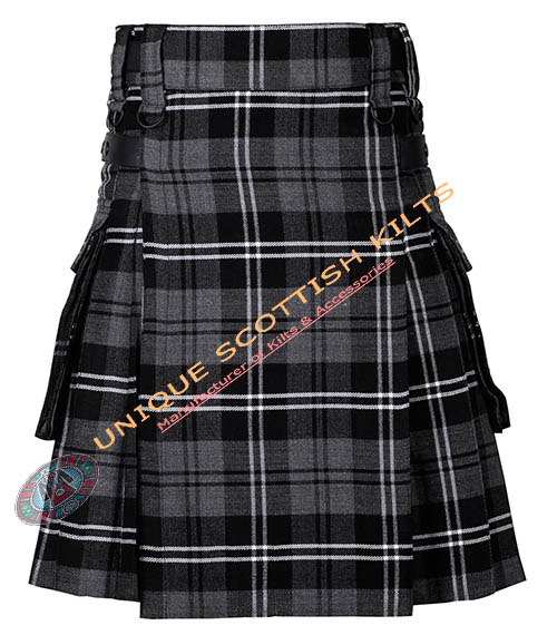 grey night tartan utility kilt with adjustable leather straps grey night tartan utility kilt with adjustable leather straps