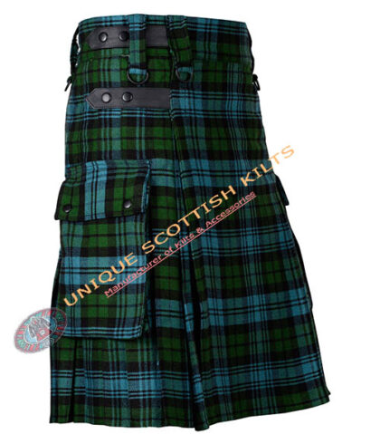 brown watch tartan utility kilt with adjustable leather straps