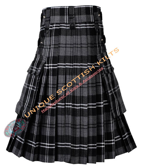 grey night tartan utility kilt with adjustable leather straps grey night tartan utility kilt with adjustable leather straps