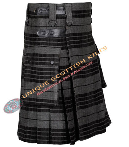grey watch tartan utility kilt with adjustable leather straps