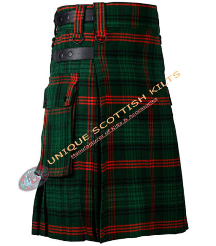ross hunting tartan utility kilt with adjustable leather straps