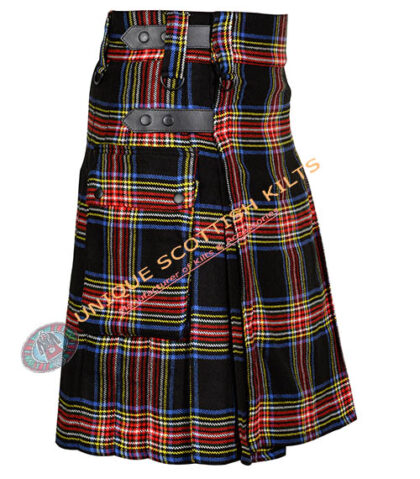black stewart tartan utility kilt with adjustable leather straps