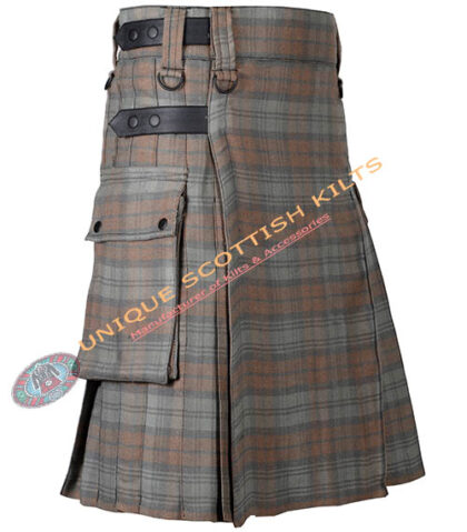 brown watch tartan utility kilt with adjustable leather straps