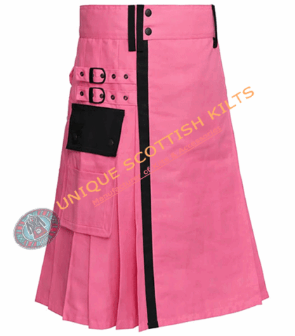 Scottish Handmade Black & Pink Cotton Utility Kilt With Adjustable Buckles
