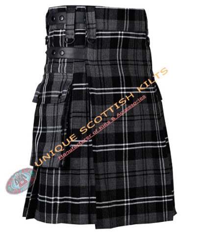 grey night tartan utility kilt with adjustable leather straps
