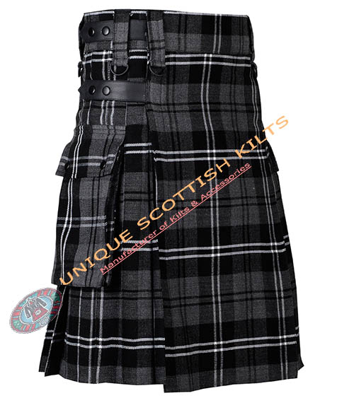 grey night tartan utility kilt with adjustable leather straps grey night tartan utility kilt with adjustable leather straps