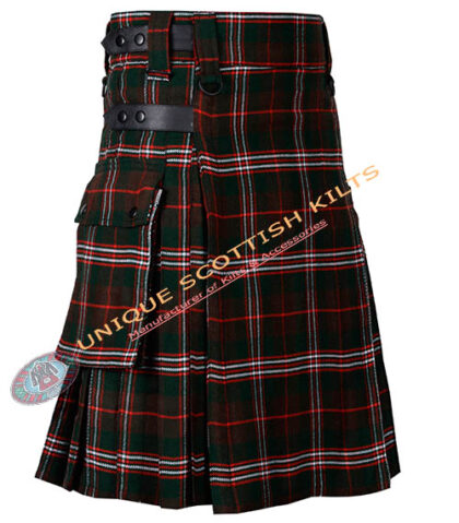 hunting scot tartan utility kilt with adjustable leather straps