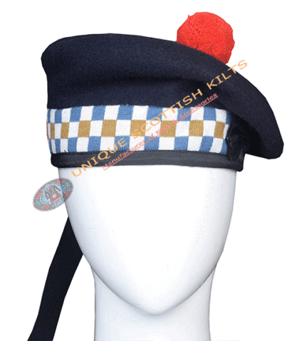 balmoral cap black wool with red and white diced scottish military diced barret bonnet
