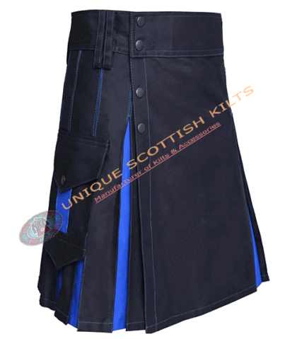 scottish handmade irish tartan hybrid utility kilt, black cotton with adjustable leather straps