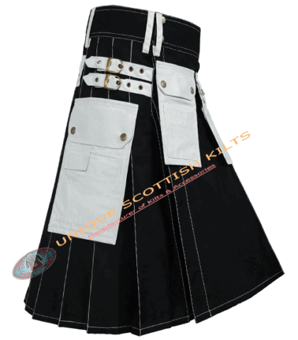 Black & White Cotton Utility Kilt With Adjustable Buttons