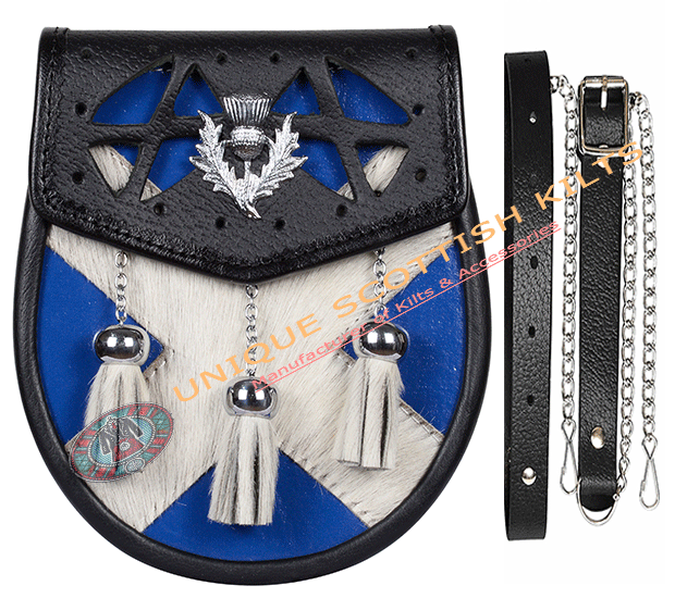 Saltire Flag Blue & White Semi Dress Sporran Celtic Handmade Kilt Sporran With Thistle Emblem
