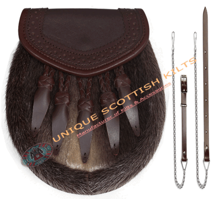 Scottish Kilt Sporran Brown Leather Seal Skin with Chain Strap