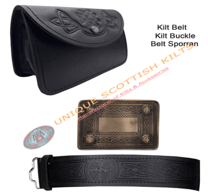 Scottish Black Celtic Leather Belt Buckle Kilt Belt & Sporran Set