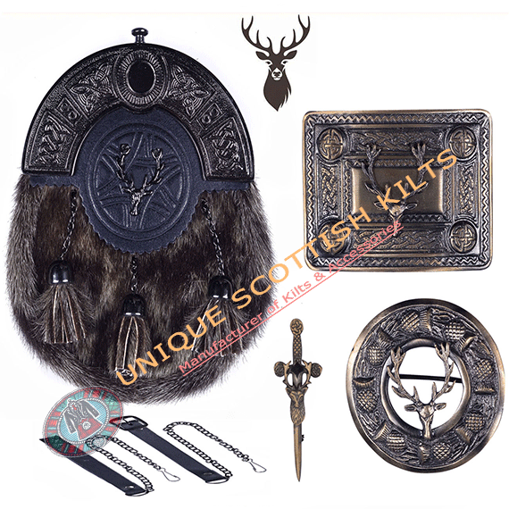 Scottish Handmade Stag Head full Dress Kilt sporran with Accessories