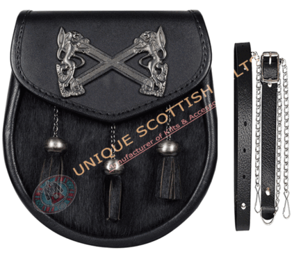 Rampant Lion Emblem, Black Leather & Bovine Fur