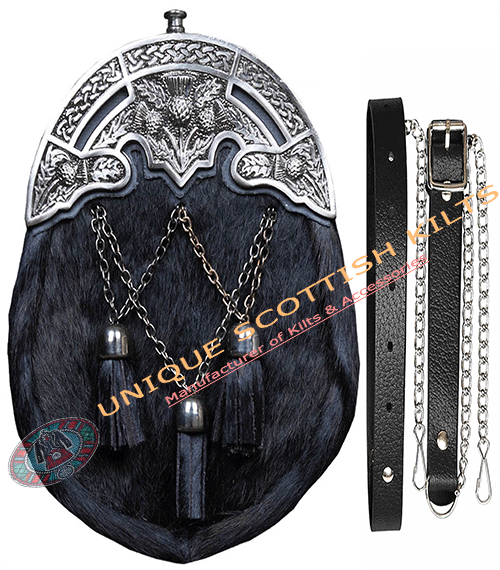 Full Dress Sporran - Thistle Cantle Black Finish Scottish Highland Kilt Sporran With Chain Strap