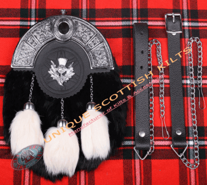Black Leather Full Dress kilt sporran With thistle badge & chain Strap