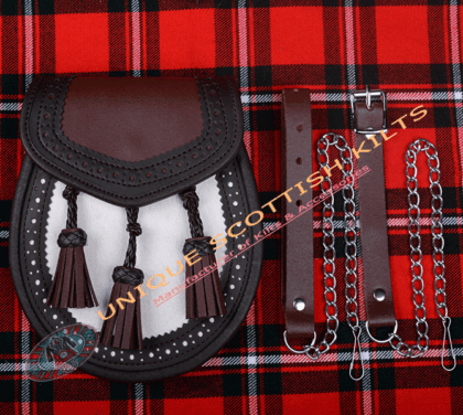 Scottish Brown Leather Kilt Sporran with chain and Straps