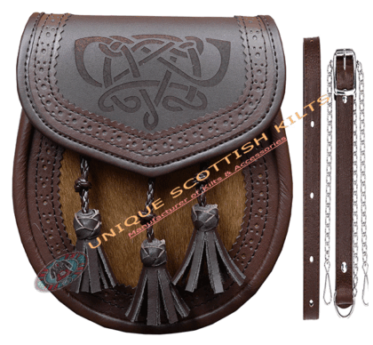 Laser Embossed Brown Leather Kilt Sporran with chain and Straps