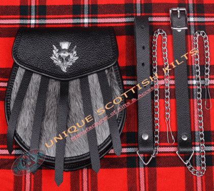 Scottish Black Leather Kilt Sporran: Grey Goat Fur, Chain & Strap With Thistle Emblem