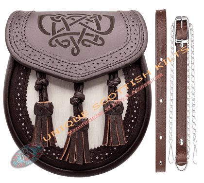 Laser Embossed Brown Leather Kilt Sporran with chain and Straps
