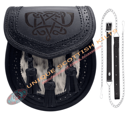 Laser Embossed Black Leather Kilt Sporran with chain and Straps