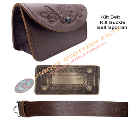 Scottish Brown Celtic Leather Belt Buckle Kilt Belt & Sporran Set