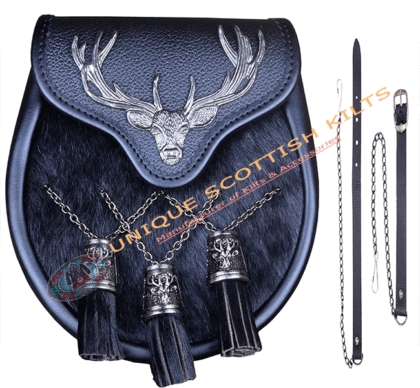Scottish Highland Semi Dress Antique Stag Head Kilt Sporran With Chain & Strap