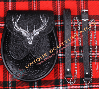 Scottish Black Leather Stag Head Badge Kilt Sporran with Chain Belt