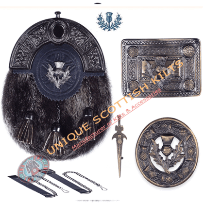 Scottish Handmade Thistle Badge full Dress Kilt sporran with Accessories