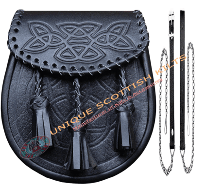 Celtic Embossed Black Leather Kilt Sporran with chain and Straps