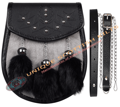 Scottish Grey & Black Rabbit Fur Semi Dress Highland Sporran Celtic embossed with Chain & Strap