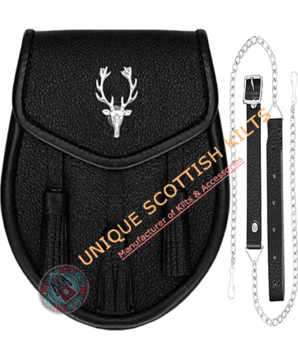 Stage Head Black Leather Semi Dress Kilt Sporran With chain & Strap