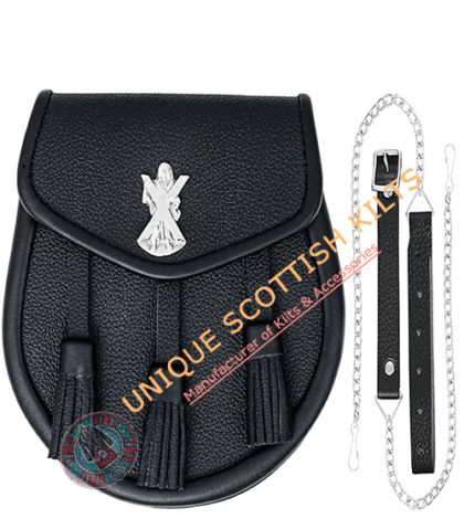 Saint Andrew Black Leather Semi Dress Kilt Sporran With chain & Strap