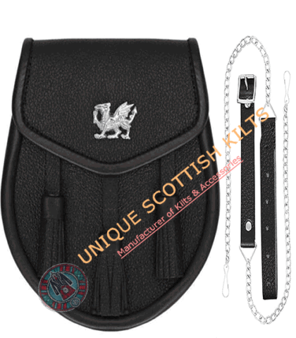 Dragon Badge Black Leather Semi Dress Kilt Sporran With chain & Strap